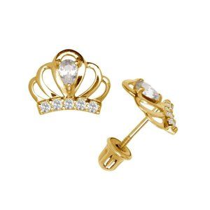 14K Solid Gold Royal Crown Screw back Studs Earrings with April Birthstone